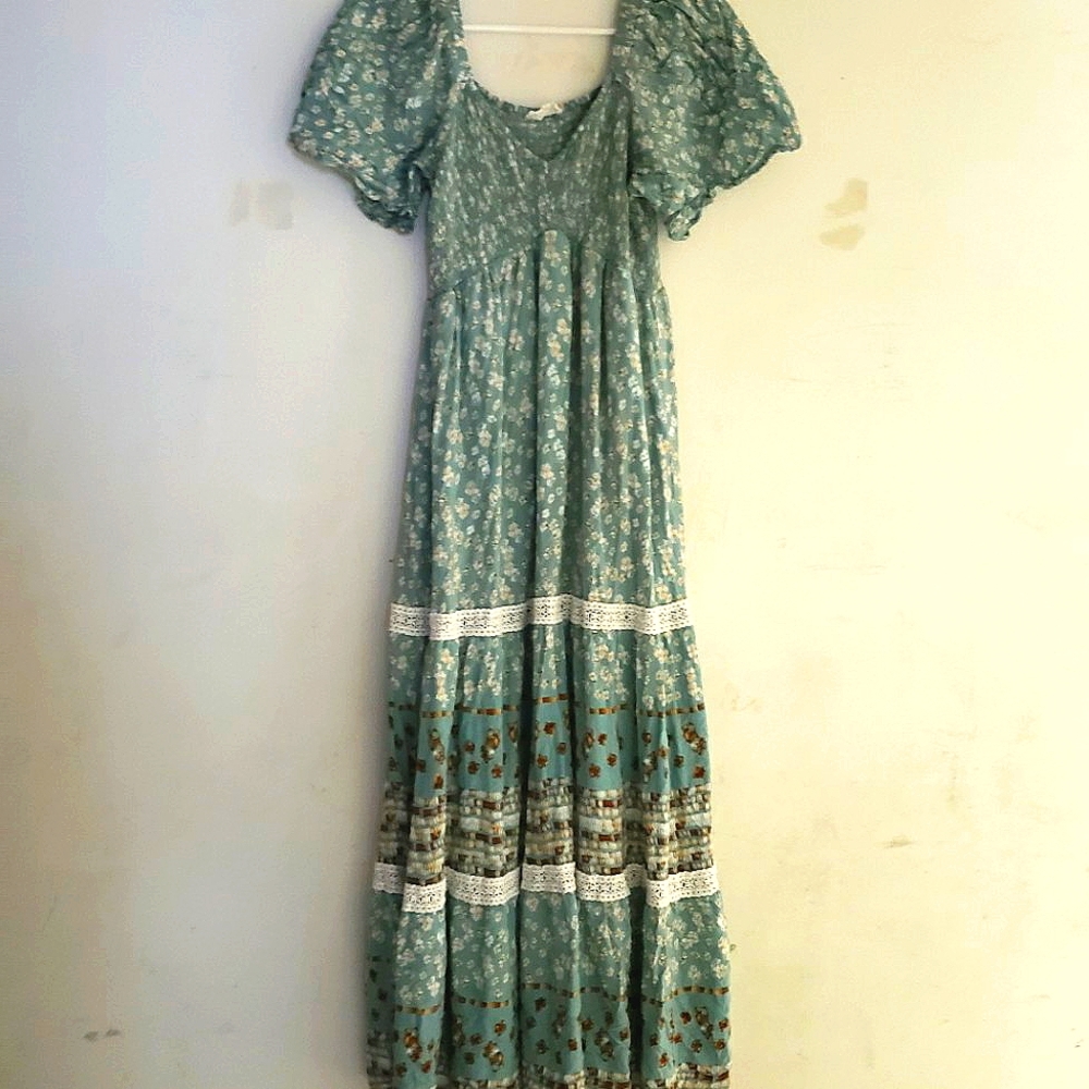 Blue Printed Smocked Maternity Midi Dress